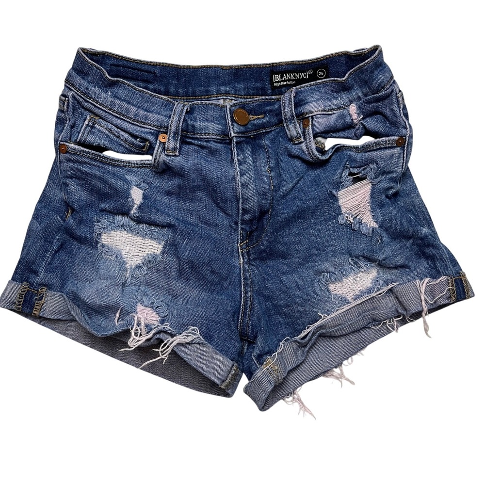 BlankNYC Shorts Womens‎ 26 Blue High Rise Fulton Roll Up Distressed Denim